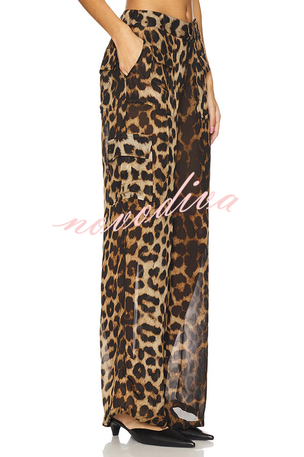 Minka Chiffon Leopard Elastic Waist Pocketed Loose Cargo Pants