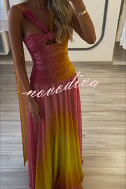 Vireya Metallic Fabric Gradient Print Ruched Cutout Halter Maxi Dress