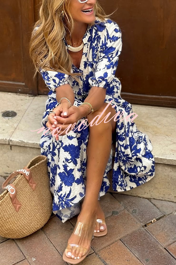 Plant Print V-neck Half-sleeve High Waist Casual Maxi Dress