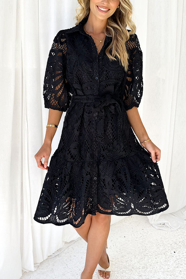 Solid Color Lace Cutout Balloon Sleeves and Waist Tie Mini Dress