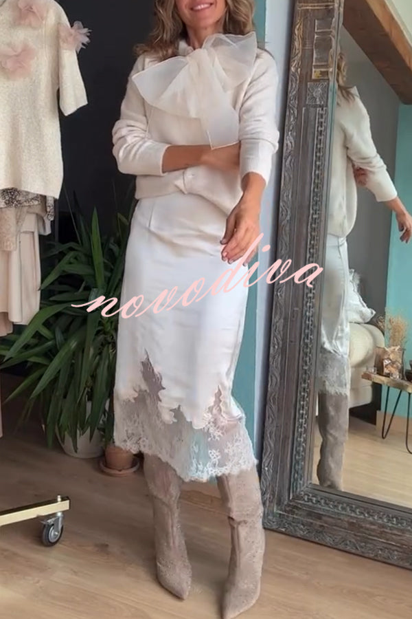 Orozco Knit Organza Bow Button-down Long Sleeve Loose Cardigan