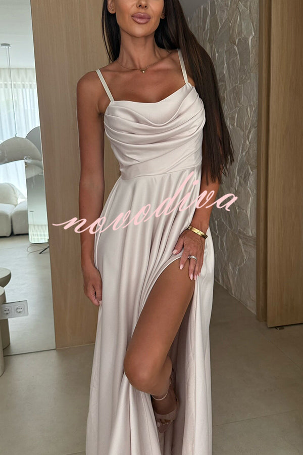 Solid Color Suspender Back Pleated Elegant Slit Full Hem Maxi Dress