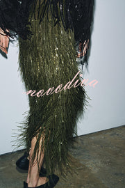 Stylish Sequined Tassel Elegant Midi Skirt