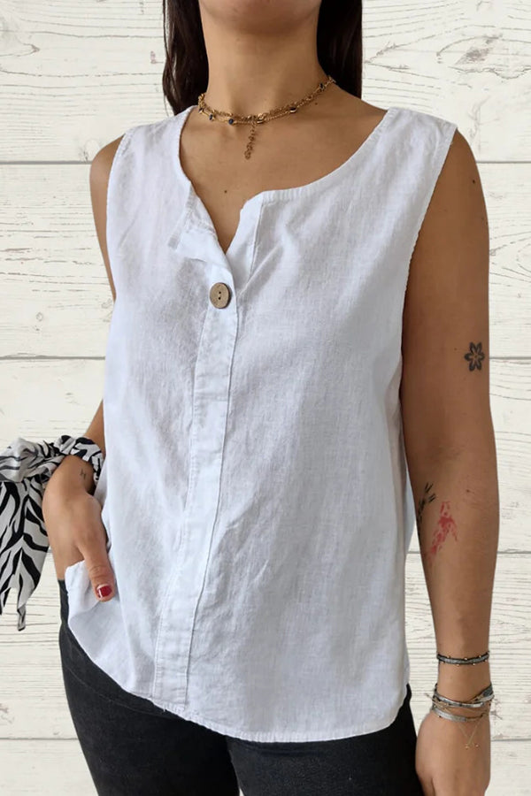 Solid Color V-Neck Button Loose Sleeveless Top