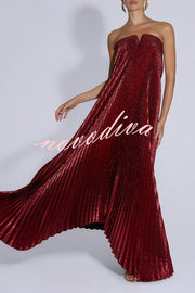 Party Time Pleated Metallic Fabric Off Shoulder Irregular Hem A-line Maxi Dress