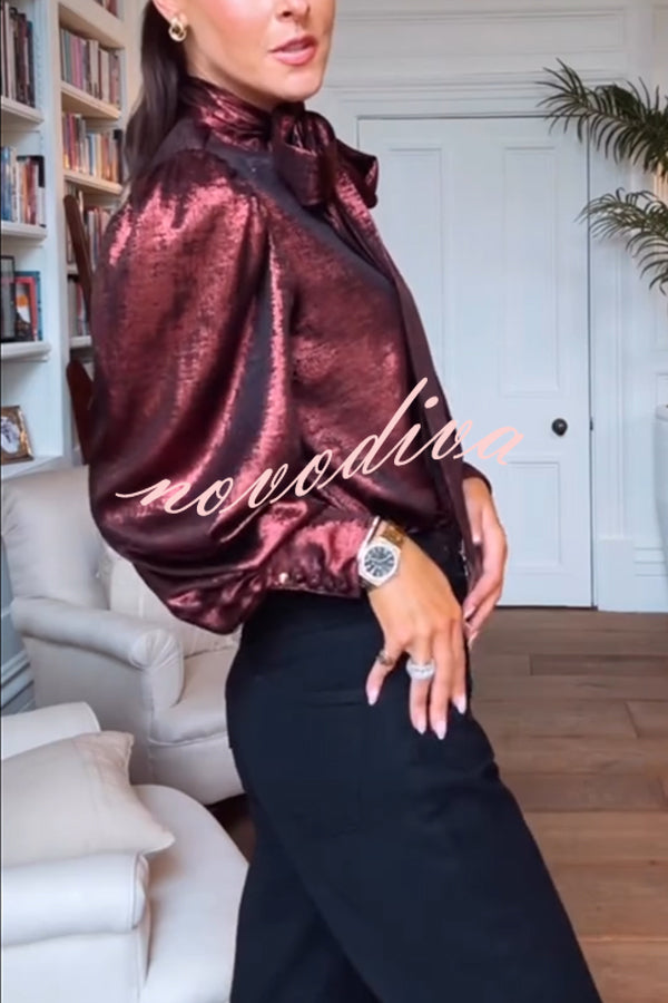 Ariella Metallic Satin Fabric Tie-up Bow Neck Long Sleeve Blouse