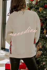 Merry Plaid Embroidered Bow Long-Sleeve Loose Sweatshirt