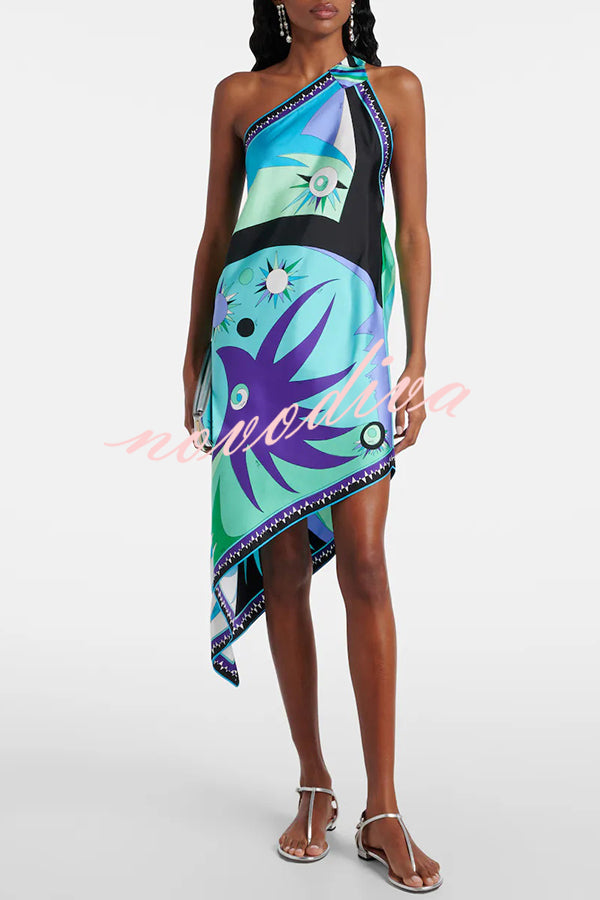 Naughty Lady Satin Unique Print One Shoulder Irregular Hem Vacation Midi Dress