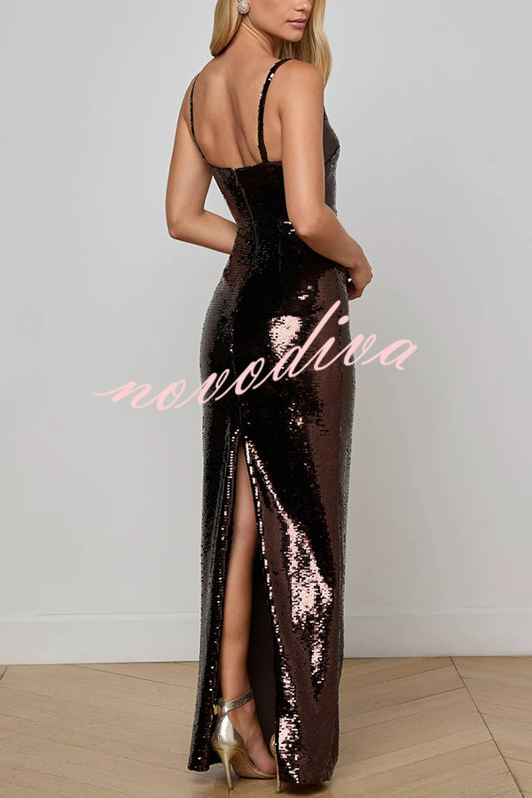Dazzling Like Flowing Water Sequin V-neck Back Zipper Slit Maxi Dress