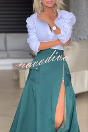 Perfect Item Button Up Long Puff Sleeve Blouse