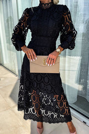 Romantic, Sensual and Elegant Crochet Lace Lantern Sleeve Party Midi Dress