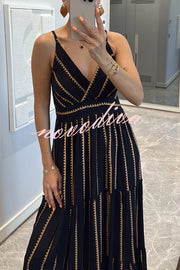 Striped Printed Suspender V-Neck Full Hem Loose Holiday Maxi Dress