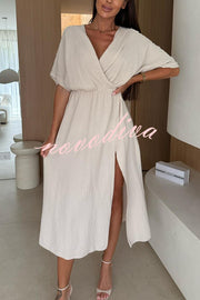 Linen Blend Solid Color V-neck Short Sleeve Waist Loose Slit Midi Dress