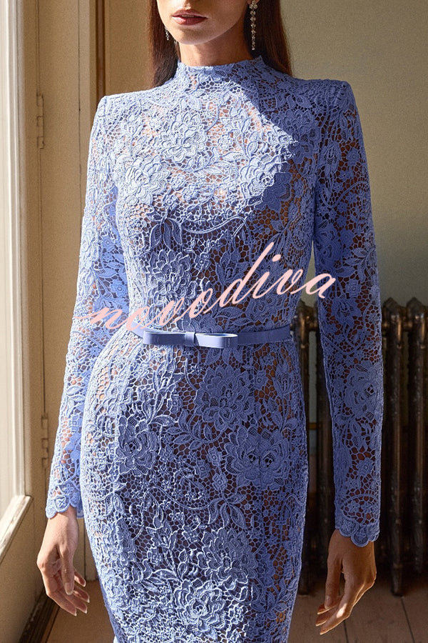 Feminine and Elegant Flower Lace Long Sleeve Bow Belted Flare Midi Dress