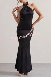 Solid Color Halter Neck Tie Sexy Backless Slim Maxi Dress