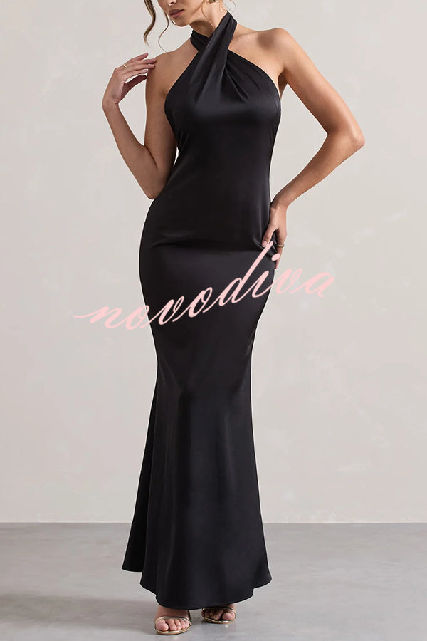 Solid Color Halter Neck Tie Sexy Backless Slim Maxi Dress