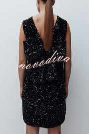 Glam Season Velvet Sequin Back Oversized Bow Design Sleeveless Loose Mini Dress
