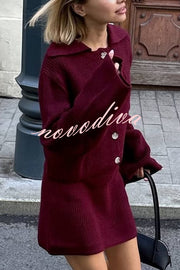 Fashion Lapel Bell Sleeve Knitted Cardigan and Casual Mini Skirt Set