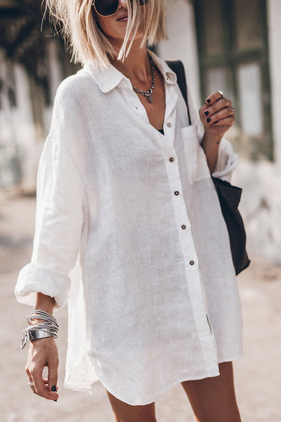 Go To The Beach Linen Blend Pocketed Long Sleeve Oversized Shirt