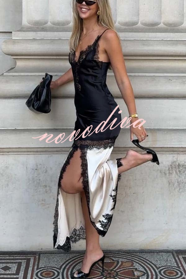 Soft and Romantic Satin Lace Trim Colorblock V-neck Side Slit Maxi Dress