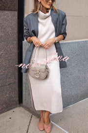 Book Club Knit Turtleneck Cap Sleeve Slit Sweater Midi Dress