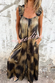 Fashionable Gold-stamped Suspenders Loose Pocket Wide-leg Jumpsuit