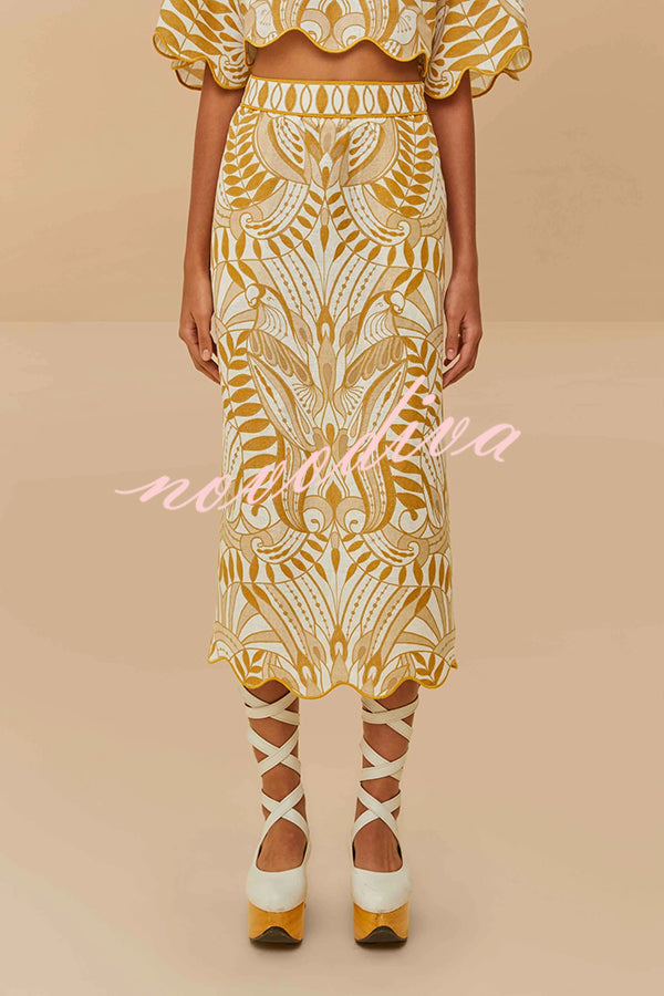 Korra Linen Blend Unique Print Wave Trim Bell Sleeve Top and Elastic Waist Pocket Midi Skirt Set