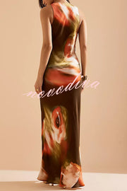 Occasion Season Watercolor Flowers Printed Cowl-Neck Slip Maxi Dress