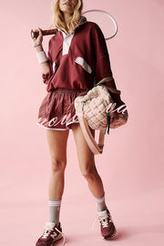 Fashion Contrast Color Stitching Stand Collar Long Sleeve Top and Elastic Waist Loose Pocket Shorts Set