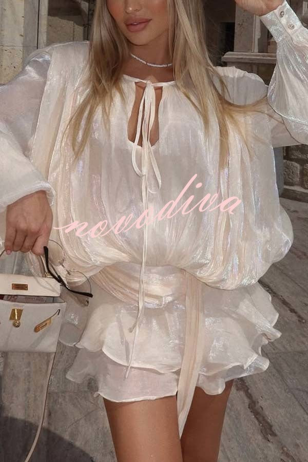 Ninah Glitter Fabric Pleated Balloon Sleeve Tiered Ruffle Hem Mini Dress