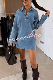 Fashion Lapel Long Sleeve Loose Denim Mini Dress