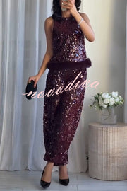 Gala Goddess Sequin Faux Fur Trim Crew Neck Sleeveless Loose Top