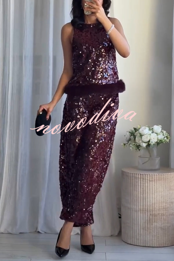 Gala Goddess Sequin Faux Fur Trim Crew Neck Sleeveless Loose Top