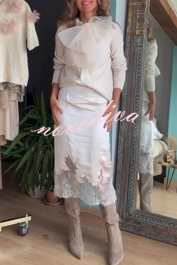 Orozco Knit Organza Bow Button-down Long Sleeve Loose Cardigan