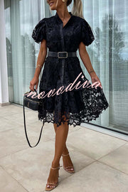 Absolutely Elegant Floral Crochet Lace Puff Sleeve Belted Shirt Midi Dress