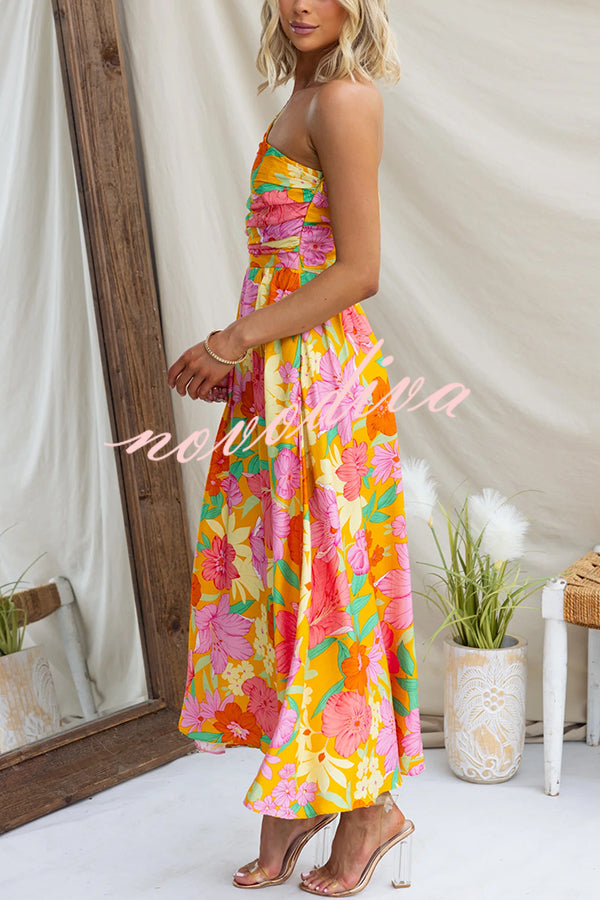 Coriene Floral Print One Shoulder Puff Sleeve Maxi Dress