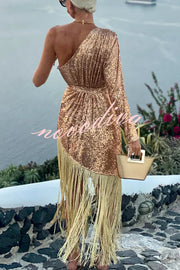 For The Love Gold Sequin One Shoulder Belted Fringes Midi Dress