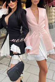 Sherna V-neck Ruffled Patchwork Button Up Long Sleeve Mini Dress