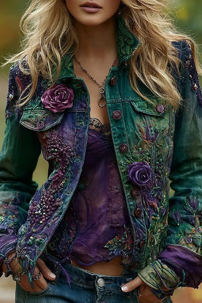 Unique Printed Lapel Long-sleeved Personalized Denim Jacket