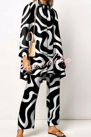 Geometric Print Lapel Long Sleeved Top and Pants Two Piece Set