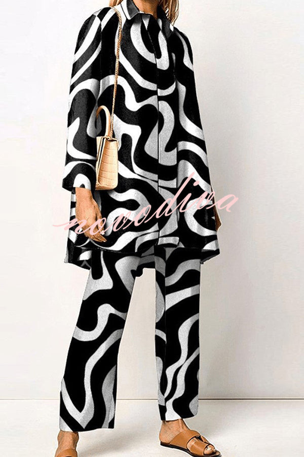 Geometric Print Lapel Long Sleeved Top and Pants Two Piece Set