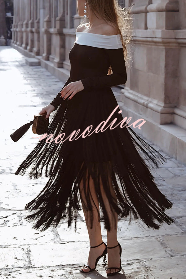 Elegant Tassel Hem Elastic Waist Casual Maxi Skirt