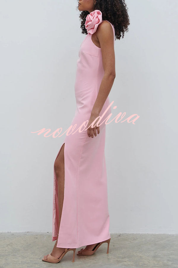 Samaya One Shoulder Detachable Rose Corsage Slit Stretch Maxi Dress