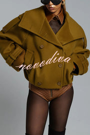 Ellie Epaulettes Stand Neck Double-Breasted Pocket Cropped Loose Woolen Coat