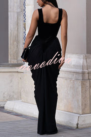 Fashionable Velvet Patchwork Square Neck Sleeveless Draped Maxi Dress