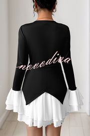 Fashionable Contrast Color Panel Long Sleeve Ruffled Mini Dress