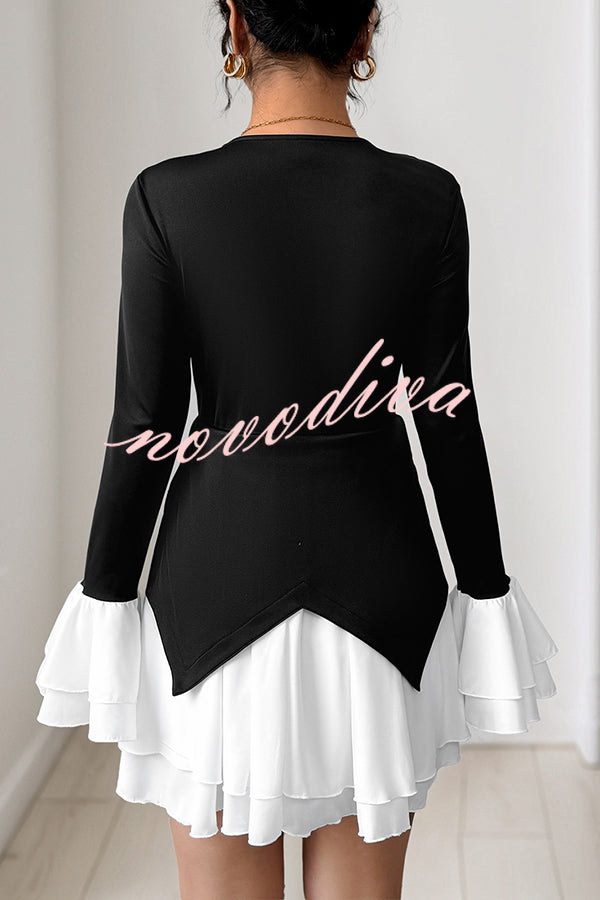 Fashionable Contrast Color Panel Long Sleeve Ruffled Mini Dress