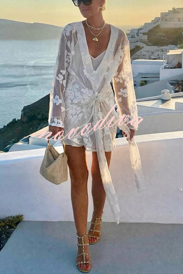 Beach Elegance Floral Lace Long Sleeve Wrap Tie-up Vacation Mini Dress