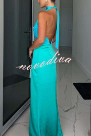 Like A Gem Satin Colorblock Halter Backless Party Maxi Dress