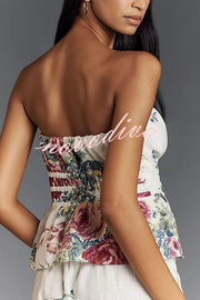 In To The Summer Linen Blend Floral Print Elastic Bandeau and Elastic Waist Pocket Loose Pants Set